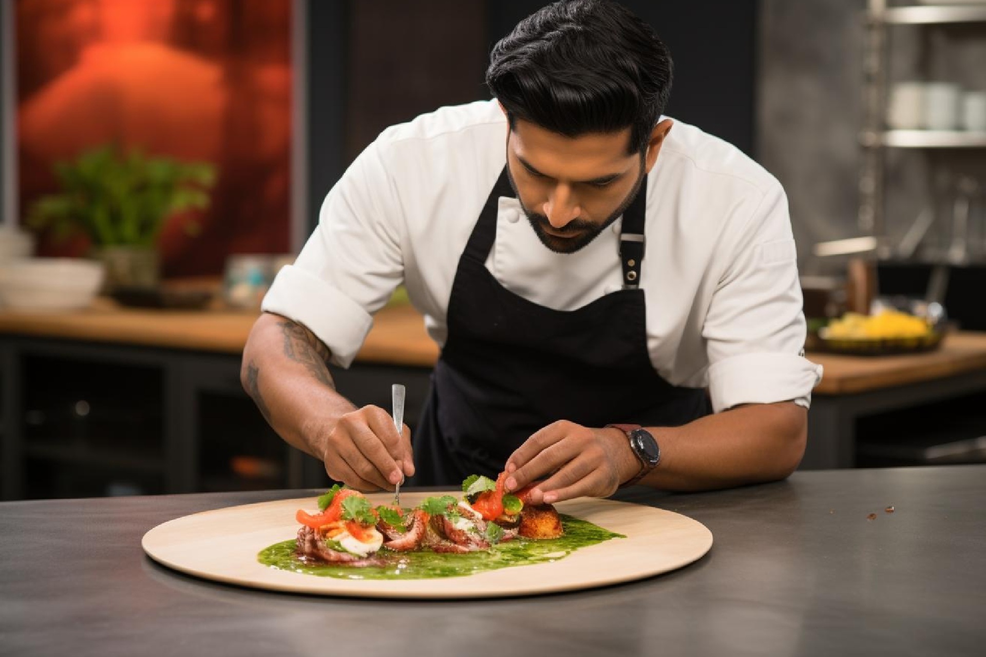 Consulting Chef inspecting specialized wellness cuisine preparation in a resort kitchen.