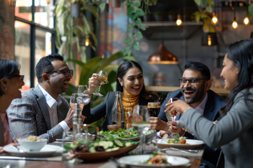 A vibrant hotel restaurant filled with locals, demonstrating neighborhood integrated dining.